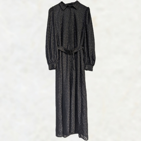 Zara Metallic Tinsel Chevron Balloon Sleeves Button Down Collar Midi Dress sz M - Picture 2 of 16